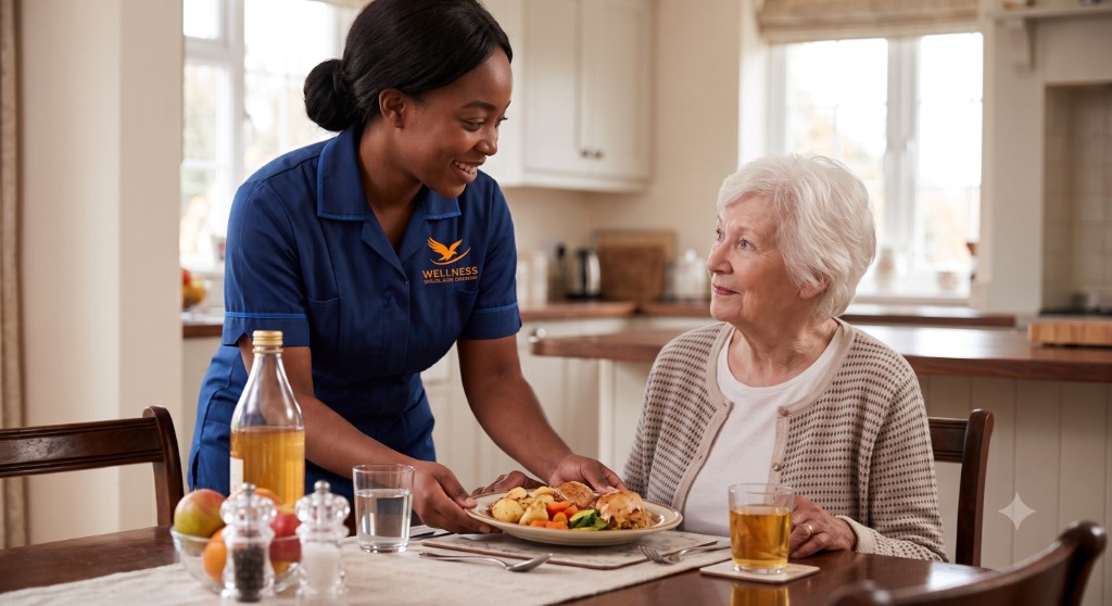 Wellness carer serving a home-cooked meal to an older person at the dining table