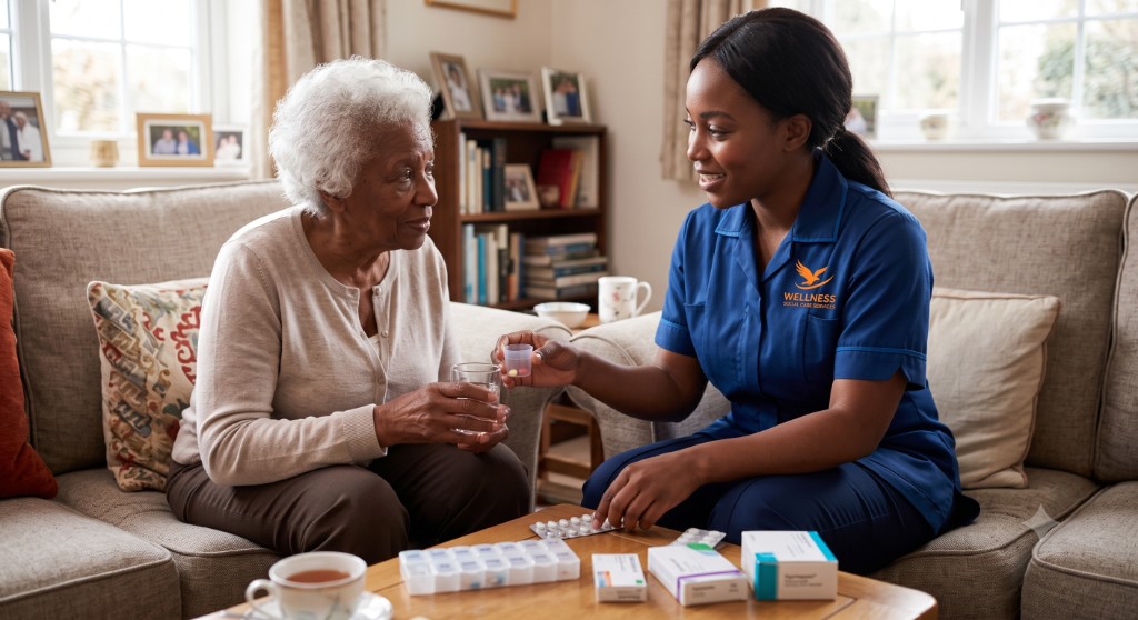 Wellness carer supporting an older person with medication at home